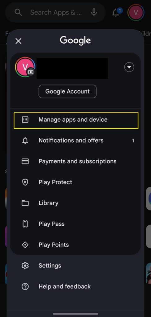 Image highlighting the Manage apps and devices button